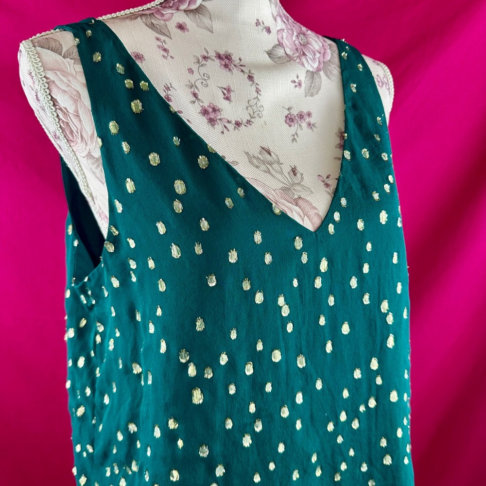 Lilly Pulitzer Silk Tank Top Gold Metallic‎ Dot Green Sleeveless V Neck Size M - Picture 14 of 17
